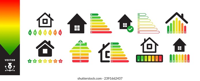 Energy efficiency icons set. Energy efficient house with classification graph. Vector scalable graphics