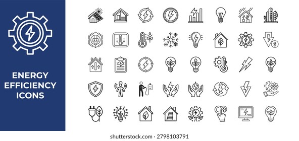 Energy efficiency icons set with gear and lightning bolt symbol various eco friendly and sustainable energy saving symbols and signs renewable energy concepts