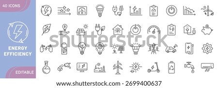 Energy Efficiency Icons – Sustainability, Renewable Energy, Eco Power, Green Technology, Electricity Saving, and Environmental Conservation Symbols