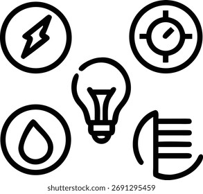 Os ícones de eficiência energética simbolizam a economia de energia, a redução do consumo e a promoção de práticas sustentáveis para um ambiente mais ecológico e esforços de conservação de recursos.