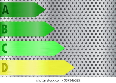 Energy efficiency label on perforated metal background. Vector illustration.