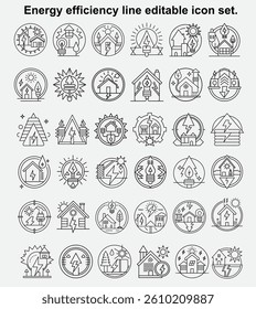 Energy efficiency line editable icon set. Containing energy saving light bulb, sustainability, electricity, consumption, house, price, reduction, save, lightning and more. vector illustration