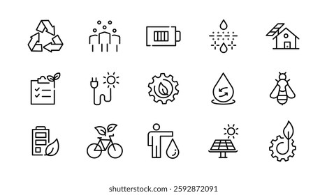 Energy efficiency line icon set. ECO, electric, power, solar panel, economy, battery, re-use, and natural icon collection. UI thin outline icon pack