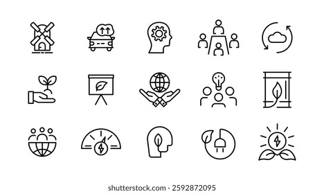 Energy efficiency line icon set. ECO, electric, power, solar panel, economy, battery, re-use, and natural icon collection. UI thin outline icon pack