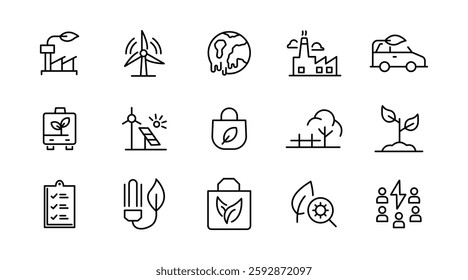 Energy efficiency line icon set. ECO, electric, power, solar panel, economy, battery, re-use, and natural icon collection. UI thin outline icon pack