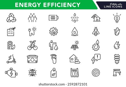 Energy efficiency line icon set. ECO, electric, power, solar panel, economy, battery, re-use, and natural icon collection. UI thin outline icon pack