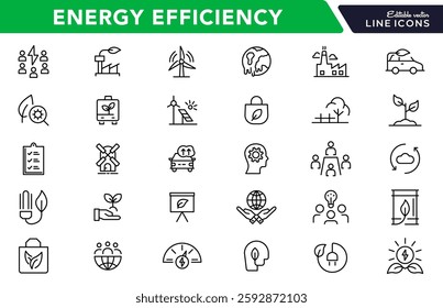 Energy efficiency line icon set. ECO, electric, power, solar panel, economy, battery, re-use, and natural icon collection. UI thin outline icon pack