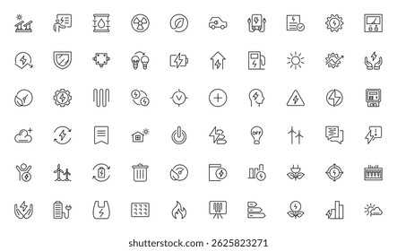 Energy efficiency line icon set. Calculator, energy-saving light bulb, piggy bank, solar panel, circular economy, battery,  insulation, energy class vector illustration. Editable stroke outline icon.