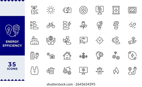 Conjunto de ícones de linha de eficiência de energia. ECO, elétrica, energia, painel solar, economia, Contendo lâmpada de economia de energia, sustentabilidade, eletricidade, preço, bateria, reutilização e coleção de ícones naturais.