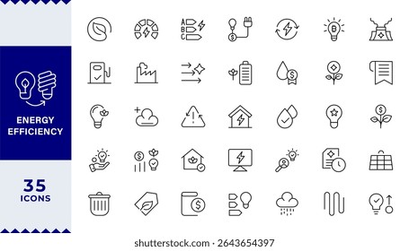 Conjunto de ícones de linha de eficiência de energia. ECO, elétrica, energia, painel solar, economia, Contendo lâmpada de economia de energia, sustentabilidade, eletricidade, preço, bateria, reutilização e coleção de ícones naturais.