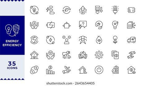 Conjunto de ícones de linha de eficiência de energia. ECO, elétrica, energia, painel solar, economia, Contendo lâmpada de economia de energia, sustentabilidade, eletricidade, preço, bateria, reutilização e coleção de ícones naturais.