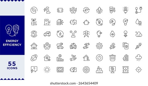 Conjunto de ícones de linha de eficiência de energia. ECO, elétrica, energia, painel solar, economia, Contendo lâmpada de economia de energia, sustentabilidade, eletricidade, preço, bateria, reutilização e coleção de ícones naturais.