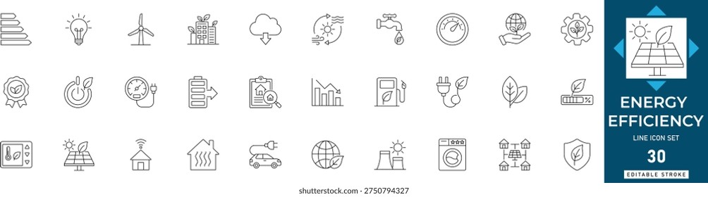 Energy efficiency line icon set featuring sustainable, green, saving, home, electricity, environment, and planet. Professional editable vector illustration.
