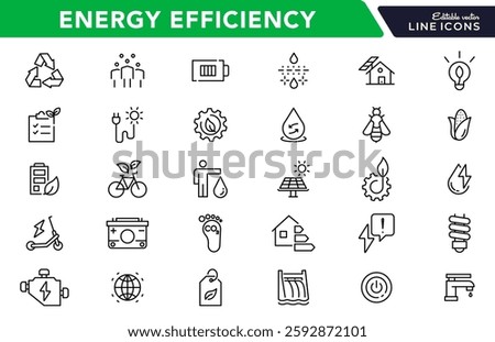 Energy efficiency line icon set. ECO, electric, power, solar panel, economy, battery, re-use, and natural icon collection. UI thin outline icon pack