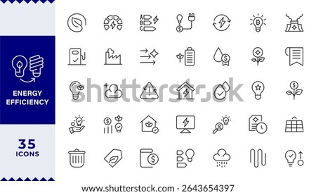 Energy efficiency line icon set. ECO, electric, power, solar panel, economy, Containing energy saving light bulb, sustainability, electricity, price,battery, re-use, and natural icon collection.