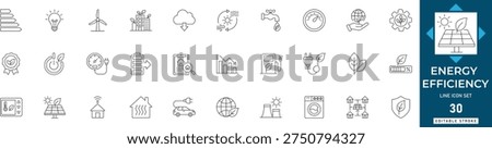 Energy efficiency line icon set featuring sustainable, green, saving, home, electricity, environment, and planet. Professional editable vector illustration.

