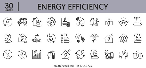 Ícones de linha de eficiência energética definidos com ecologia, consumo, casa, solar, preço, redução, eletricidade, economizar, dinheiro, raios e muito mais. Traço editável