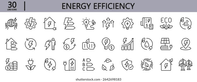Energy Efficiency line icons set with Ecology, Consumption, Solar, Price, Reduction, Electricity, Save and more. Editable Stroke