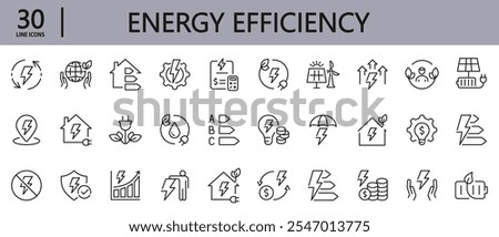 Energy Efficiency line icons set with ecology, consumption, house, solar, price, reduction, electricity, save, money, lightning and more. Editable Stroke