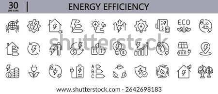 Energy Efficiency line icons set with Ecology, Consumption, Solar, Price, Reduction, Electricity, Save and more. Editable Stroke
