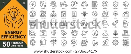 Energy efficiency line icons set. Renewable power, eco technology, smart energy, solar panel, battery, electricity, green sustainable vector.