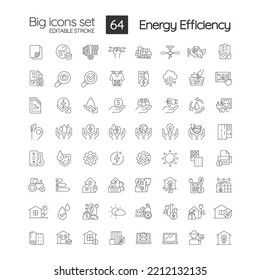 Juego de iconos lineales de eficiencia energética. Conservación del poder. Sostenibilidad. Símbolos de línea delgada personalizables. Ilustraciones aisladas del contorno vectorial. Trazo editable. Tipo de letra rápido y ligero utilizado