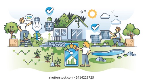 Energy efficiency and low power consumption to save resource outline concept. Home electricity cost reduction by solar panel installation and using renewable and clean energy vector illustration.