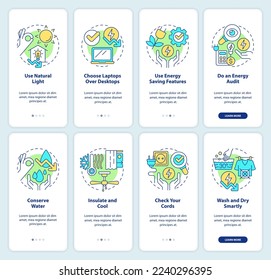 Energy efficiency onboarding mobile app screen set. Home, office tips walkthrough 4 steps editable graphic instructions with linear concepts. UI, UX, GUI template. Myriad Pro-Bold, Regular fonts used