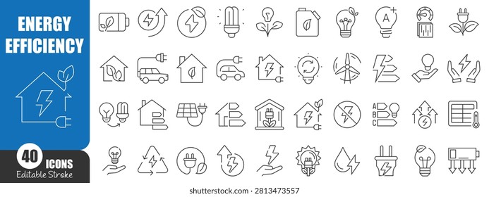 Energy Efficiency Outline Icons with Clean Energy, Solar Panel, Electric Power, Eco Technology and Sustainable Energy Editable Vector Set