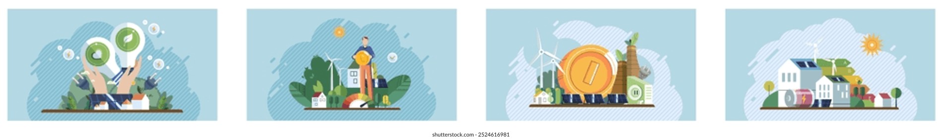 Energy efficiency. Person with lightbulbs, wind turbine and solar panel, large coin with greenery, and eco-friendly house with solar panels form the imagery. Ideal for renewable energy, eco-friendly