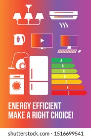 Energy efficiency poster with rating, home electronics  icons and home improvement concept, on gradient background