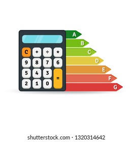 Energy efficiency rate graph with calculator. Flat design concept. Vector illustration