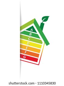 Energy efficiency and rating concept with tilted house and graph bars. Tucked in design with shadow.