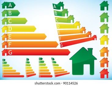 Energy Efficiency Rating Graphs in color combining bar arrows and houses, set of illustrations.