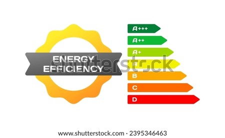 Energy efficiency rating icons. Flat, color, letter rating, gear icon, energy efficiency rating. Vector icons
