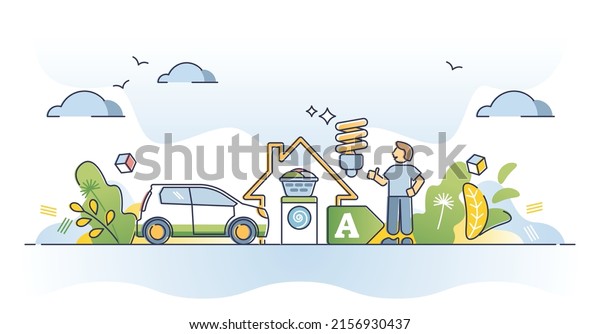 Energy efficiency and reduce electricity\
consumption at home outline concept. Effective resource usage with\
LED lighting bulbs, smart power alliances, electric rechargeable\
vehicle vector\
illustration