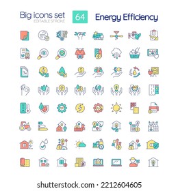 Energy efficiency RGB color icons set. Power conservation. Sustainability. Isolated vector illustrations. Simple filled line drawings collection. Editable stroke. Quicksand-Light font used