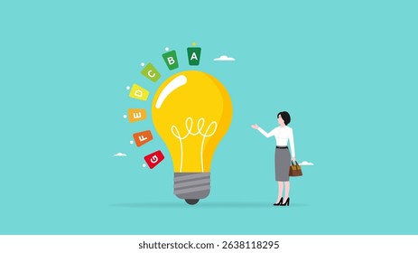 energy efficiency, energy saving level on a home or industrial scale, woman presents lightbulb with energy efficient rating class to save cost green energy