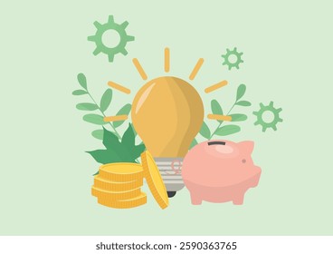 Energy Efficiency Savings Green Investment Concept. energy savings, financial benefits of sustainability, and eco-friendly technological solutions. Energy efficiency. Flat style. Vector illustration