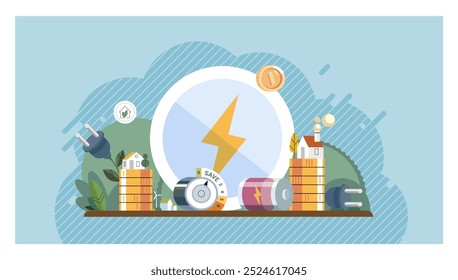 Energy efficiency. The scene highlights a power plug and electrical devices surrounded by houses and coins. Ideal for sustainability, green technology, cost savings, renewable energy, and smart