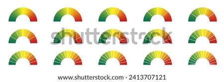 Energy efficiency score rating gauge. Red, yellow and green chart sections indicating credit risk or greed and fear level. Semi circle scale of speed or temperature