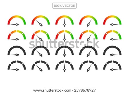 Energy efficiency score rating gauge. Red, yellow and green chart sections indicating credit risk or greed and fear level