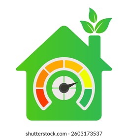 Energy efficiency set icon. Green house with meter shows eco performance, sustainable energy, smart home, and environmental rating.