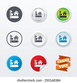 Energy efficiency sign icon. House building symbol. Circle concept buttons. Metal edging. Star and label sticker. Vector