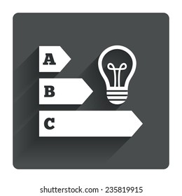 Energy efficiency sign icon. Idea lamp bulb symbol. Gray flat square button with shadow. Modern UI website navigation. Vector