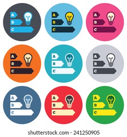 Energy efficiency sign icon. Idea lamp bulb symbol. Colored round buttons. Flat design circle icons set. Vector