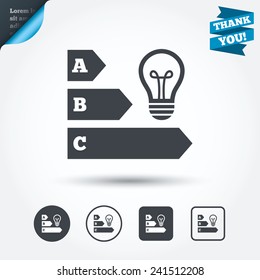 Energy efficiency sign icon. Idea lamp bulb symbol. Circle and square buttons. Flat design set. Thank you ribbon. Vector
