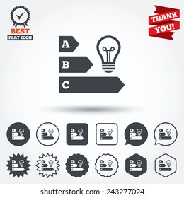 Energy efficiency sign icon. Idea lamp bulb symbol. Circle, star, speech bubble and square buttons. Award medal with check mark. Thank you ribbon. Vector