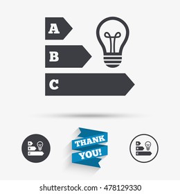 Energy efficiency sign icon. Idea lamp bulb symbol. Flat icons. Buttons with icons. Thank you ribbon. Vector