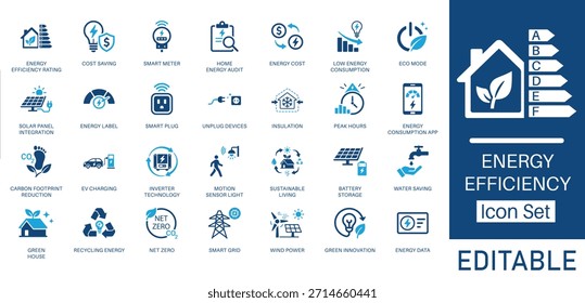 Eficiencia energética y Smart Home conjunto de iconos sólidos. Con medidor inteligente, ahorro de costos, aislamiento y cero emisiones netas. Iconos vectoriales sólidos para una vida sostenible, consumo de energía y tecnología verde.